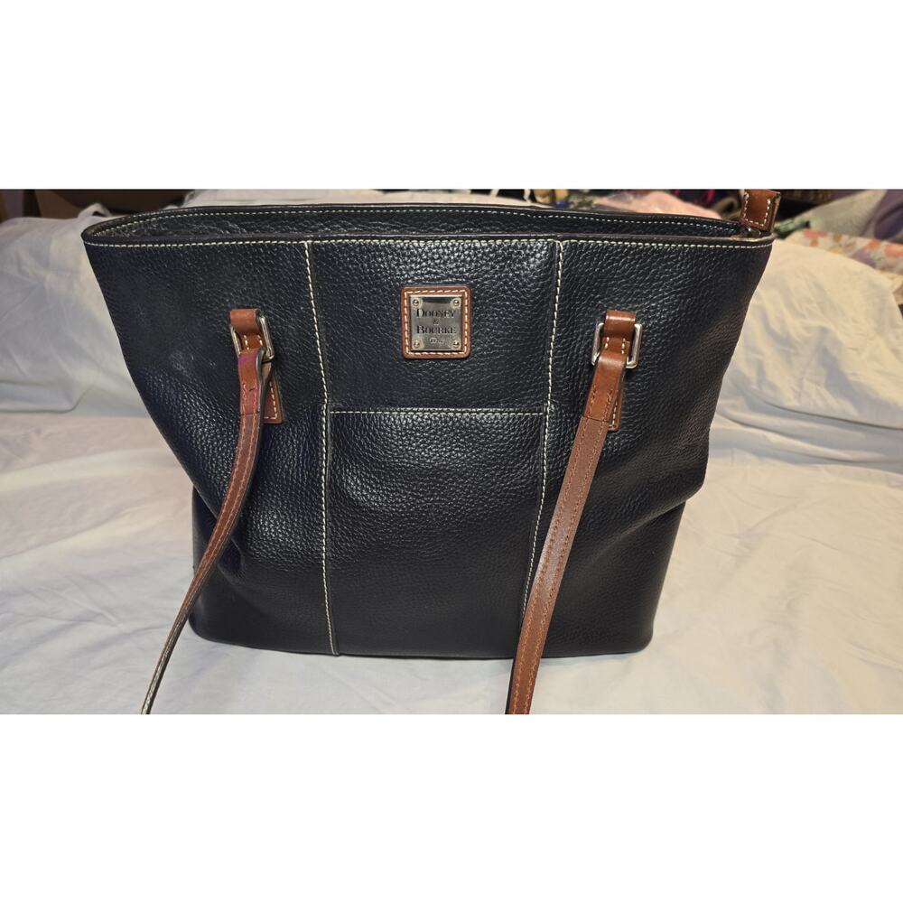 Dooney & Bourke Black Pebbled Leather Tote Shoulder Bag, Red Lining